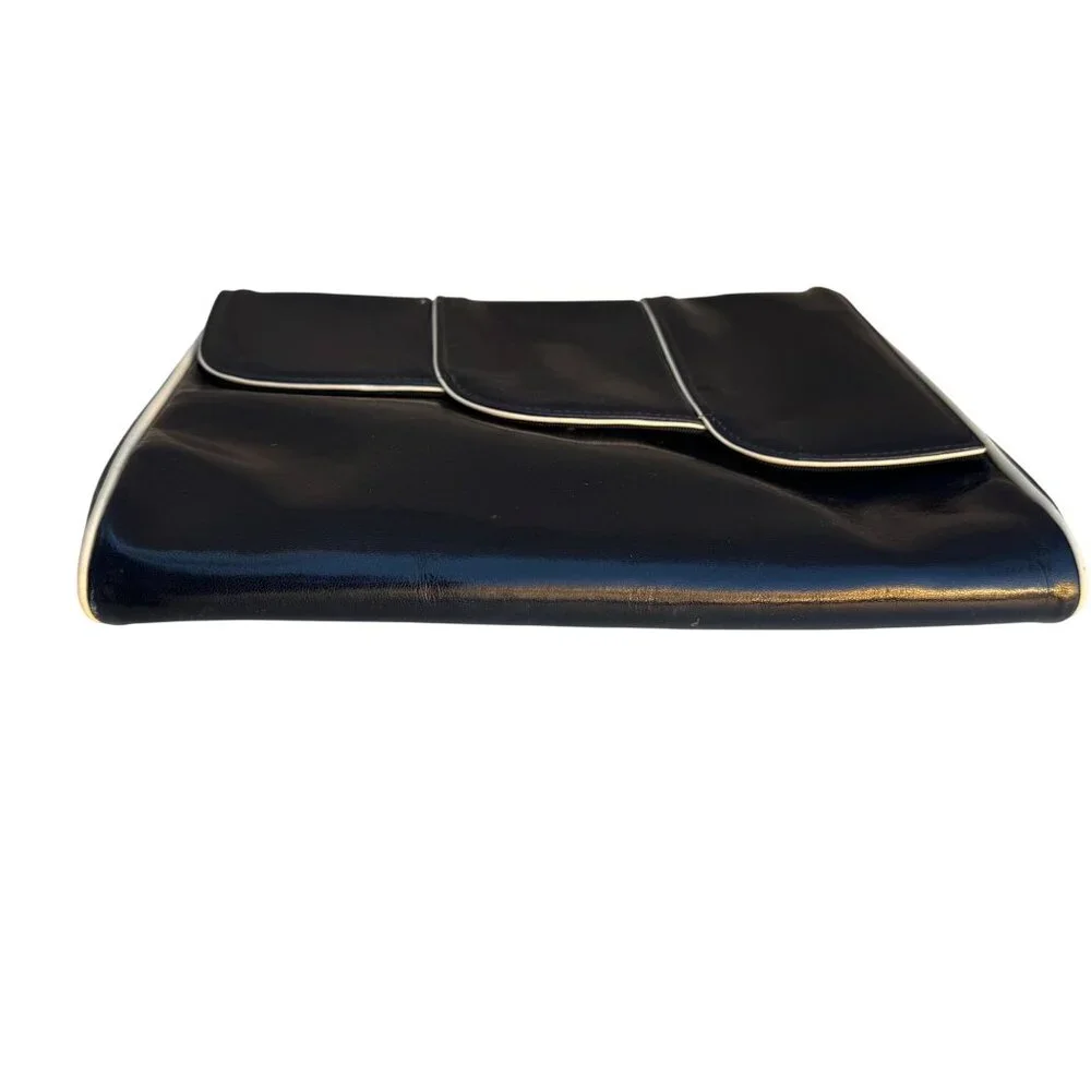 Bullocks Vintage 70s Patent Leather Clutch‎ Bag Made Italy Asymmetric Flap Navy